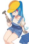  1girl ;q absurdres baseball_cap bison_cangshu blue_hair blue_shorts blueprint character_request closed_mouth collarbone commentary_request fingerless_gloves glasses gloves hat highres holding holding_hammer long_hair looking_at_viewer looking_over_eyewear one_eye_closed ponytail red_eyes shirt short_shorts shorts sidelocks sitting smile solo thighs tongue tongue_out very_long_hair warship_girls_r weibo_username white_background white_shirt yellow_headwear 