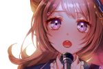  1girl :o bang_dream! bangs brown_hair chino_machiko commentary_request frilled_shirt_collar frills hair_ornament lens_flare long_hair looking_at_viewer microphone music portrait simple_background singing solo star star_hair_ornament toyama_kasumi violet_eyes white_background 