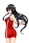  1girl akame akame_ga_kill! ass bare_shoulders black_hair blush breasts cute dress highres jewelry lips long_hair looking_at_viewer medium_breasts parted_lips pink_eyes red_dress ring simple_background skin_tight smile solo square_enix standing tokyo_mx twrlare white_background white_fox_(company) 
