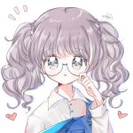  1girl bangs blush copyright_request eyebrows_visible_through_hair glasses grey_eyes grey_hair hand_on_eyewear hand_up heart long_hair long_sleeves overalls parted_lips shirt simple_background solo twintails upper_body white_background white_shirt yalmyu 