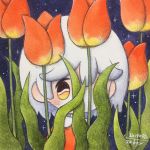  1girl artist_name bangs black_eyes covered_face dated flower highres multicolored multicolored_eyes night night_sky one_eye_covered original outdoors plant portrait red_flower short_hair signature sky solo star_(sky) starry_sky tulip white_hair yellow_eyes zukky000 