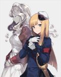  2girls apron blonde_hair buttons closed_eyes closed_mouth fate/grand_order fate_(series) gloves golem green_eyes hair_between_eyes hat looking_at_viewer lord_el-melloi_ii_case_files maid maid_headdress military military_uniform mini_hat multiple_girls nagu parted_lips red_ribbon reines_el-melloi_archisorte ribbon sailor_hat sheath sheathed simple_background smile sword trimmau uniform volumen_hydragyrum weapon white_gloves white_headwear 