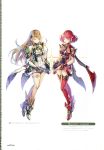  2girls absurdres armor bangs bare_shoulders blonde_hair breasts cleavage closed_eyes dress earrings elbow_gloves english_text fingerless_gloves gem gloves hair_ornament headpiece highres mythra_(xenoblade) pyra_(xenoblade) jewelry large_breasts long_hair multiple_girls nintendo official_art pose red_shorts redhead saitou_masatsugu scan short_hair short_shorts shorts simple_background swept_bangs thigh-highs thighs tiara very_long_hair white_background white_dress xenoblade_(series) xenoblade_2 