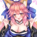  1girl absurdres animal_ear_fluff animal_ears bare_shoulders blue_kimono blue_ribbon blush breasts cleavage detached_sleeves double_fox_shadow_puppet eyebrows_visible_through_hair fangs fate/grand_order fate_(series) floral_background fox_ears fox_girl fox_shadow_puppet fox_tail hair_ribbon highres japanese_clothes kimono large_breasts looking_at_viewer martinreaction multiple_tails open_mouth pink_hair ribbon signature solo tail tamamo_(fate)_(all) tamamo_no_mae_(fate) yellow_eyes 