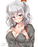  1girl artist_name breasts cleavage commentary_request dated dress_shirt grey_eyes grey_shirt kantai_collection kashima_(kantai_collection) large_breasts long_sleeves looking_at_viewer neckerchief red_neckwear shirt sidelocks silver_hair simple_background solo sweat twintails u0709 upper_body wavy_hair white_background 