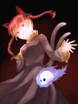  1girl animal_ears blue_fire braid cat_ears cat_tail dark_background extra_ears fire flaming_skull floating_hair floating_skull gradient gradient_background highres hitodama kaenbyou_rin long_hair multiple_tails nekomata pointy_ears red_background red_eyes redhead simple_background solo tail touhou twin_braids twintails two_tails whitebait0 