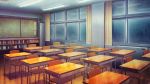  bag book bookshelf chair chalkboard classroom commentary curtains desk highres indoors locker mitsu_ura no_humans original rain scenery school_bag school_desk window 