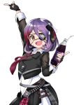  1girl :d belt black_gloves bottle brown_eyes drinking_straw eyepatch fang fanta fingerless_gloves gloves hair_between_eyes hayasaka_mirei idolmaster idolmaster_cinderella_girls jacket kaorihero necktie open_mouth purple_hair simple_background skirt smile solo white_background 