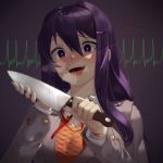  1girl :d artist_name bangs blood bloody_clothes bloody_hands blush breasts cardiogram cleavage commentary crazy cuts doki_doki_literature_club english_commentary eyebrows_visible_through_hair fangs grey_jacket hair_between_eyes hair_ornament hairclip heart heart_in_eye heavy_breathing holding holding_knife injury jacket knife long_hair long_sleeves looking_at_viewer open_mouth purple_hair sample sasoura school_uniform shirt smile solo spoilers sweat symbol_in_eye upper_body violet_eyes white_shirt yandere yuri_(doki_doki_literature_club) 