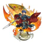  1boy black_gloves blue_eyes blue_hair boots cape crossover dragalia_lost falchion_(fire_emblem) fighting_stance fingerless_gloves fire fire_emblem fire_emblem:_mystery_of_the_emblem fire_emblem_heroes full_body gloves gold_hairband hairband holding holding_sword holding_weapon intelligent_systems marth nintendo non-web_source official_art pedestal serious sheath shield short_hair shoulder_pads solo super_smash_bros. sword transparent_background weapon 