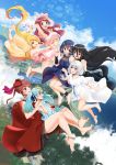  6+girls absurdres ankle_strap barefoot black_hair blonde_hair blue_hair bridal_gauntlets brown_hair casino_(casinoep) clouds dress falling floral_print gloves hair_ornament hand_holding highres hoshikawa_lily konno_junko minamoto_sakura mizuno_ai multicolored_hair multiple_girls nikaidou_saki redhead silver_hair sky star star_hair_ornament streaked_hair yamada_tae yuugiri_(zombie_land_saga) zombie_land_saga 