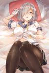  1girl black_legwear blue_eyes blush breasts eyes_visible_through_hair gloves hair_ornament hair_over_one_eye hairclip hamakaze_(kantai_collection) highres kantai_collection large_breasts lying navel neckerchief on_back open_mouth pantyhose pillow pleated_skirt raguro school_uniform serafuku short_hair short_sleeves silver_hair skirt solo white_gloves yellow_neckwear 