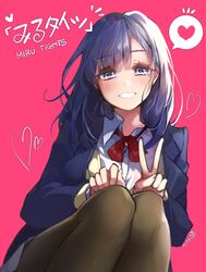  1girl bangs black_legwear blue_eyes blue_hair blush borrowed_character breasts heart kanola_u long_hair looking_at_viewer miru_tights mole mole_under_eye nakabeni_yua pantyhose shirt smile solo spoken_heart symbol-shaped_pupils thighband_pantyhose v 