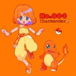  1girl bangs belt bracelet character_name charmander creature_and_personification creatures_(company) eyes_visible_through_hair fire full_body game_freak gen_1_pokemon green_eyes jewelry leg_up mameeekueya medium_hair nintendo number open_mouth orange_background orange_footwear orange_hair orange_shirt orange_theme overalls personification poke_ball poke_ball_(generic) pokemon pokemon_(creature) pokemon_number shirt shoes short_sleeves simple_background smile standing 