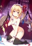  1girl alternate_costume apron bangs bare_arms bare_shoulders bat_wings bed black_legwear blonde_hair blush bra breasts bug butterfly commentary_request crystal curtains eyebrows_visible_through_hair flandre_scarlet groin hair_between_eyes hair_ribbon hand_up indoors insect kneeling looking_at_viewer miyase_mahiro navel no_shoes on_bed one_side_up panties petals puffy_sleeves red_eyes red_ribbon ribbon rose_petals short_hair side-tie_panties sidelocks small_breasts smile solo stomach thigh-highs thighs touhou underwear underwear_only white_bra white_panties window wings wrist_cuffs 