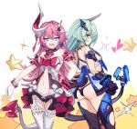  2girls absurdres aqua_hair ass bare_shoulders black_gloves black_panties blue_eyes commentary_request earrings fang flower gloves hair_ribbon highres honkai_(series) honkai_impact_3rd horn huge_filesize jacket jewelry liliya_olyenyey long_hair multiple_girls open_clothes open_jacket open_mouth panties pink_hair pink_ribbon red_flower red_rose ribbon rose rozaliya_olyenyey siblings sketch smile tail thick_eyebrows thigh-highs twins underwear uruzu white_gloves white_legwear 