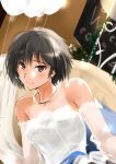  1girl amagami bare_shoulders black_hair bob_cut brown_eyes commentary_request dress earrings elbow_gloves gloves jewelry light_blush light_smile murasaki_iro nanasaki_ai necklace short_hair sleeveless sleeveless_dress solo tan tanline upper_body white_dress 