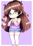  1girl artist_name blush brown_hair chibi dated eyebrows_visible_through_hair freckles glasses green_eyes hands_to_chest long_hair mochii-chan purple_background purple_sweater shorts shy sinamuna_(character) smile sneakers solo sweater thigh-highs twintails 
