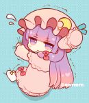  &gt;:( 1girl bangs blue_background blunt_bangs blush blush_stickers bow bun_cover capelet chibi closed_mouth commentary_request crescent crescent_moon_pin dress flying_sweatdrops frown full_body hair_bow hat long_hair long_sleeves looking_at_viewer looking_to_the_side marshmallow_mille mob_cap patchouli_knowledge pink_capelet pink_dress pink_headwear polka_dot polka_dot_background purple_hair red_bow side_bun socks solo touhou trembling twitter_username v-shaped_eyebrows very_long_hair violet_eyes white_legwear 