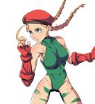  1girl beret blonde_hair blue_eyes braid breasts cammy_white camouflage capcom commentary_request covered_navel fingerless_gloves gloves green_leotard groin hat highres leotard long_hair o_sho simple_background solo street_fighter street_fighter_ii_(series) twin_braids white_background 