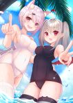 2girls :d ahoge animal_band_legwear animal_ear_fluff animal_ears bangs bare_arms bare_shoulders black_swimsuit blue_sky blush breasts cat_band_legwear clouds commentary_request covered_navel day demon_wings eyebrows_visible_through_hair grey_hair hair_between_eyes hair_ornament hairclip highres large_breasts long_hair looking_at_viewer makaino_ririmu multiple_girls nijisanji one-piece_swimsuit open_mouth outdoors palm_tree pointing pointy_ears purple_hair red_eyes red_wings school_swimsuit shiina_yuika sky smile striped striped_legwear swimsuit thigh-highs tree twintails v very_long_hair virtual_youtuber water water_drop white_legwear white_swimsuit wings yoshiheihe 