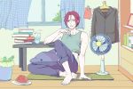  1boy adjusting_shirt barefoot book_stack cup curtains day drinking_glass drinking_straw fan food free! fruit indoors knee_up looking_at_viewer male_focus matsuoka_rin open_mouth red_eyes redhead rug sharp_teeth shelf shirt sitting sora_(bl190) stuffed_animal stuffed_dolphin stuffed_toy sweat table teeth trash_can watermelon window 