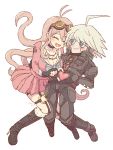  1boy 1girl ahoge android barbed_wire blonde_hair blue_eyes blush boots breasts choker cleavage closed_eyes dangan_ronpa fang fingerless_gloves gloves goggles goggles_on_head hair_ornament hakusoto heart heart_hands heart_hands_duo iruma_miu keebo large_breasts long_hair looking_at_another new_dangan_ronpa_v3 open_mouth school_uniform serafuku short_hair silver_hair simple_background skirt smile 