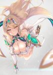  1girl armor bangs bare_shoulders blonde_hair bouncing_breasts breasts covered_navel dress earrings fingerless_gloves gem gloves headpiece mythra_(xenoblade) hinot jewelry large_breasts long_hair nintendo shoulder_armor simple_background smile solo swept_bangs tiara white_dress xenoblade_(series) xenoblade_2 yellow_eyes 