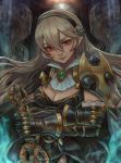  1girl armor black_armor black_hairband breasts cleavage closed_mouth female_my_unit_(fire_emblem_if) fire_emblem fire_emblem_if hairband holding holding_sword holding_weapon kaejunni long_hair medium_breasts my_unit_(fire_emblem_if) nintendo pointy_ears red_eyes signature smile solo sword upper_body weapon white_hair 