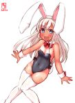  1girl alternate_costume animal_ears artist_logo black_leotard blonde_hair blue_eyes bow bowtie breasts bunny_tail bunnysuit commentary_request dated detached_collar feet_out_of_frame highres kanon_(kurogane_knights) kantai_collection knees_together leotard long_hair looking_at_viewer one-piece_tan open_mouth rabbit_ears red_neckwear ro-500_(kantai_collection) simple_background small_breasts smile solo strapless strapless_leotard tail tan tanline thigh-highs white_background white_legwear wrist_cuffs 