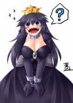  ? aotori black_dress black_earrings black_gloves black_hair breasts choker cleavage clenched_hand cuffs dress elbow_gloves gloves handcuffs highres large_breasts long_hair looking_at_viewer super_mario_bros. nintendo open_mouth princess_chain_chomp shackles sharp_teeth smile sparkle super_crown teeth 