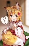  1girl animal_ear_fluff animal_ears blonde_hair blush fang flower fox_ears fox_tail hair_flower hair_ornament hakama heart holding holding_tail japanese_clothes looking_at_viewer open_mouth red_hakama ribbon_trim smile socks solo spoken_heart tabi tail yellow_eyes 