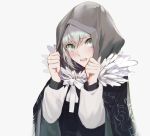  1girl blush cloak csyko fate_(series) gray_(lord_el-melloi_ii) green_eyes grey_hair grey_hoodie hood hood_pull lord_el-melloi_ii_case_files ribbon solo white_background white_ribbon 