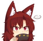  ... 1girl animal_ear_fluff animal_ears bangs blush brown_hair commentary cup english_commentary eyebrows_visible_through_hair eyelashes hair_between_eyes holding holding_cup imaizumi_kagerou long_hair looking_at_viewer red_eyes simple_background solo spoken_ellipsis teacup touhou white_background wolf_ears wool_(miwol) 