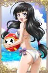  1girl ass ball beach bikini black_hair blue_sky breasts card_(medium) clouds commentary_request cowboy_shot from_behind hanzou highres horizon kohak_hearts long_hair looking_at_viewer low-tied_long_hair medium_breasts open_mouth sky smile solo swimsuit tales_of_(series) tales_of_hearts violet_eyes white_bikini 