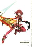  1girl absurdres bangs black_gloves breasts closed_mouth earrings eyebrows_visible_through_hair fingerless_gloves full_body gloves highres holding holding_sword holding_weapon jewelry looking_at_viewer medium_breasts nintendo official_art pyra_(xenoblade) red_eyes redhead saitou_masatsugu scan shiny shiny_hair short_hair short_sleeves simple_background smile sword thigh-highs tiara turtleneck weapon xenoblade_(series) xenoblade_2 