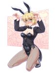  1girl alternate_costume animal_ears arms_up bangs black_bow black_footwear black_jacket black_neckwear blonde_hair blush bow bowtie breasts bunny_tail bunnysuit cleavage commentary_request covered_navel detached_sleeves eyebrows_visible_through_hair fake_animal_ears fake_tail fishnet_pantyhose fishnets full_body green_eyes hair_between_eyes high_heels highres jacket long_sleeves looking_at_viewer medium_breasts mizuhashi_parsee nose_blush ootsuki_wataru pantyhose pointy_ears rabbit_ears seiza short_hair sidelocks sitting solo tail thighs touhou white_background 