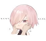  1girl annoyed cheek_squash chibi commentary_request cropped_torso fate/grand_order fate_(series) fish_spitting_water hair_over_one_eye half-closed_eyes mash_kyrielight meme pink_hair short_hair simple_background sino42 solo_focus violet_eyes white_background 