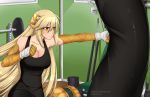  1girl alina_pegova bandage bandaged_hands bandages bare_shoulders black_dress black_shirt blonde_hair breasts cleavage closed_mouth commission dress eyebrows_visible_through_hair gym hair_between_eyes hair_ornament hairclip lamia large_breasts long_hair looking_to_the_side monster_girl original punching punching_bag scales shirt sleeveless sleeveless_shirt solo sweat tail training very_long_hair watermark web_address yellow_eyes 