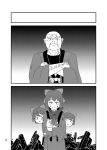  1boy 1girl bald bow cat comic floating_head greyscale hair_bow haori highres japanese_clothes kimono long_sleeves monochrome multiple_heads nanachise7 page_number scan scar sekibanki short_hair touhou translation_request 