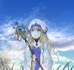  1girl bangs blonde_hair blue_dress blue_eyes blue_headwear blue_sky blush breasts clouds cloudy_sky commentary_request day dot_nose dress gatchan gem goblin_slayer! grass hat highres holding holding_staff long_hair long_sleeves looking_up outdoors priestess_(goblin_slayer!) sky small_breasts smile solo staff two-tone_dress upper_body white_dress white_headwear wide_sleeves 