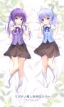  2girls :d amedamacon bangs bed_sheet blue_bow blue_eyes blue_hair blue_vest blush bow brown_skirt chestnut_mouth collared_shirt commentary_request dakimakura eyebrows_visible_through_hair gochuumon_wa_usagi_desu_ka? hair_between_eyes hair_ornament hands_up kafuu_chino long_hair lying multiple_girls no_shoes on_back open_mouth parted_lips puffy_short_sleeves puffy_sleeves purple_bow purple_hair purple_vest rabbit_house_uniform shirt short_sleeves skirt smile socks tedeza_rize translation_request twintails uniform vest violet_eyes waitress white_legwear white_shirt x_hair_ornament 