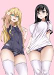  2girls :d aqua_eyes arm_up armpits asanagi black_hair blonde_hair buruma commentary_request contrapposto covered_navel cowboy_shot fang flat_chest gym_uniform hair_between_eyes highres long_hair multiple_girls open_mouth original pink_background school_swimsuit simple_background single_sidelock smile swimsuit thick_thighs thigh-highs thighs two_side_up violet_eyes white_legwear 