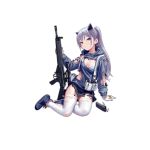 1girl arm_support assault_rifle bangs blush boots bra breasts bullet cartridge closed_mouth cross-laced_footwear fkey garter_straps girls_frontline gloves gun h&amp;k_hk33 hk33_(girls_frontline) holding holding_gun holding_weapon jacket long_hair long_sleeves looking_at_viewer magazine_(weapon) ponytail red_eyes rifle silver_hair simple_background sitting small_breasts solo thigh-highs torn_clothes torn_legwear underwear weapon white_background white_bra white_gloves white_legwear yokozuwari 