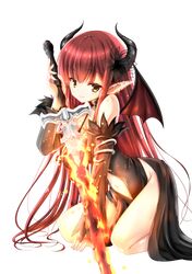  1girl arm_support arm_up bangs between_legs black_dress black_flower black_sleeves blush breasts brown_eyes chize closed_mouth commentary_request curled_horns demon_girl demon_horns demon_wings detached_sleeves dress eyebrows_visible_through_hair fingernails flaming_sword flower hair_between_eyes hair_flower hair_ornament hand_between_legs highres holding holding_sword holding_weapon horns kneeling large_breasts long_hair long_sleeves navel navel_cutout original pointy_ears red_wings redhead simple_background sleeveless sleeveless_dress smile solo sword very_long_hair weapon white_background wings 