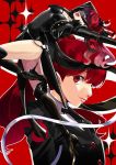  1girl ass black_jacket black_legwear bow breasts gloves jacket kiyomiya leotard long_hair looking_at_viewer open_mouth persona persona_5 persona_5_the_royal ponytail red_eyes red_gloves redhead school_uniform simple_background smile solo sword thigh-highs weapon yoshizawa_kasumi 