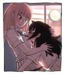  2girls ^_^ bangs black_hair blonde_hair blue_eyes blunt_bangs blush breasts closed_eyes closed_eyes couple eyebrows_visible_through_hair eyelashes green_eyes haburashi hair_between_eyes hair_over_one_eye hug katou_asuka kuroki_tomoki kuroki_tomoko large_breasts long_hair looking_at_another multiple_girls neckerchief open_mouth pleated_skirt school_uniform shirt skirt smile standing tied_shirt watashi_ga_motenai_no_wa_dou_kangaetemo_omaera_ga_warui! white_shirt yuri 