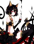 1girl absurdres animal_ears armlet artist_name bandeau bare_shoulders black_cat black_choker black_gloves black_hair black_skirt cat cat_ears choker crescent cup drinking_glass elbow_gloves feet_out_of_frame flat_chest gloves headpiece highres holding holding_cup jewelry looking_at_viewer midriff necklace original red_eyes sheya short_hair signature simple_background sitting skirt solo stomach thigh-highs thighs white_background wine_glass 