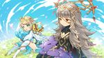  2girls blonde_hair blue_eyes blue_hair blue_sky bug butterfly closed_eyes closed_mouth company_name copyright_name crossover crown dragalia_lost dragon feather_trim fire_emblem fire_emblem_heroes fjorm_(fire_emblem_heroes) flower gradient_hair grass grey_hair hair_ornament insect long_hair long_sleeves multicolored_hair multiple_girls nintendo official_art open_mouth red_eyes sitting sky sleeping veronica_(fire_emblem) 