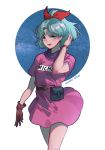  1girl alternate_hairstyle aqua_eyes aqua_hair belt bishoujo_senshi_sailor_moon bow brown_gloves bulma bulma_(cosplay) character_name cosplay cowboy_shot dragon_ball dress gloves hair_bow kaiou_michiru looking_at_viewer name_tag pink_dress ponytail red_bow short_hair simple_background single_glove smile solo watch watch white_background yanz_(yanz_z) 